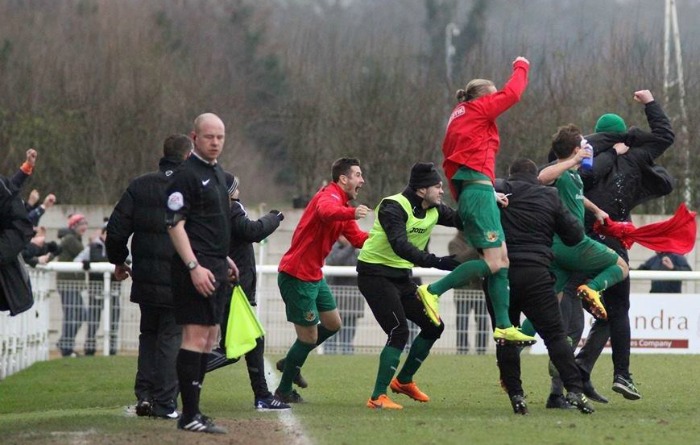 nantwich town players celebrating in FA Trophy