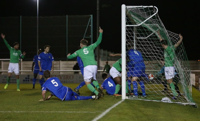 over the line - Nantwich Town against Barwell