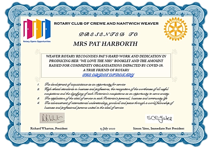 rotary club certificate for Pat Harborth