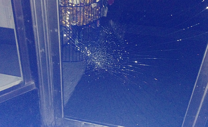 smashed B&M window on Swinemarket after Tuesday night